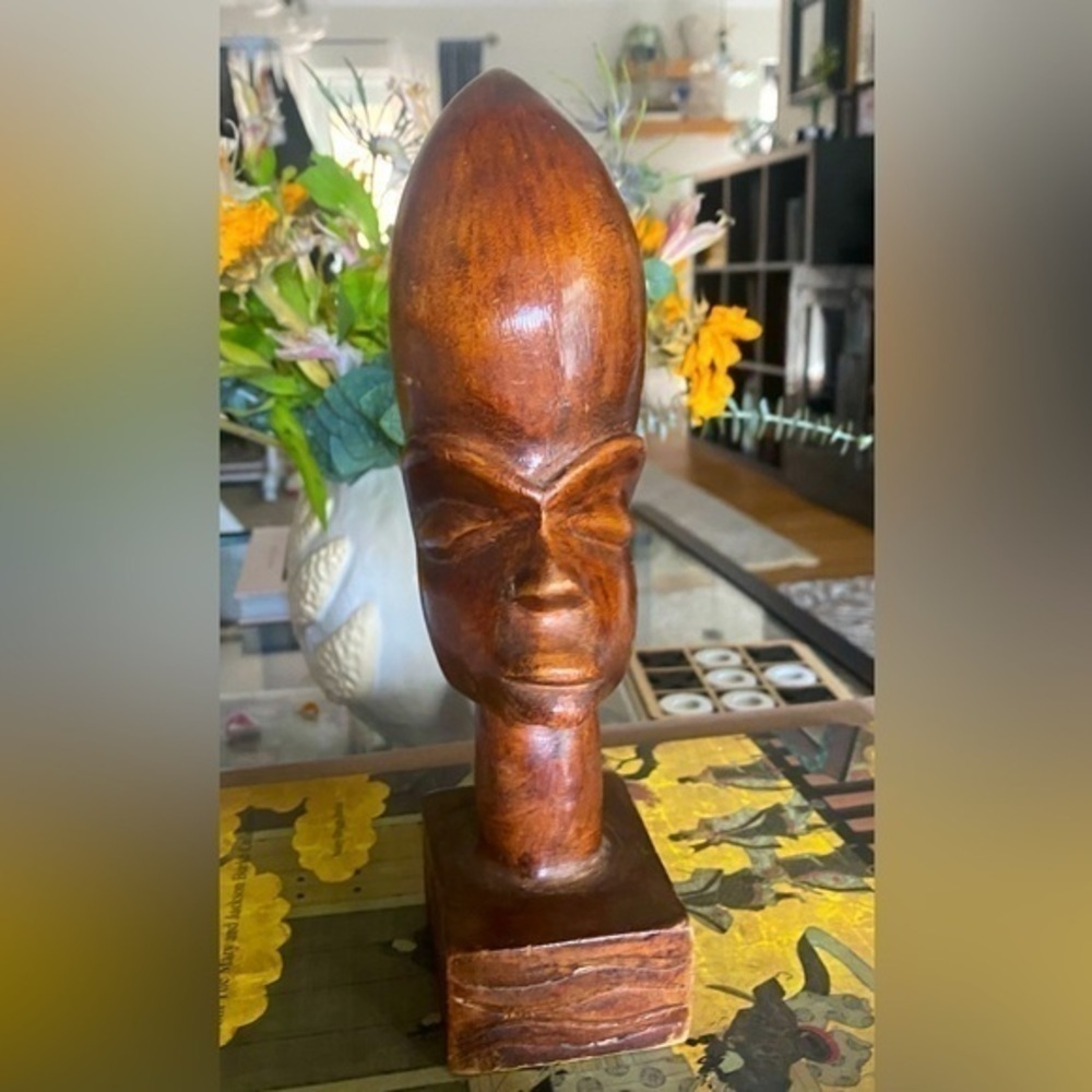 African Hand‎ Carved Wood Sculpture Tribal Native Woman Headdress 9" Vtg Decor